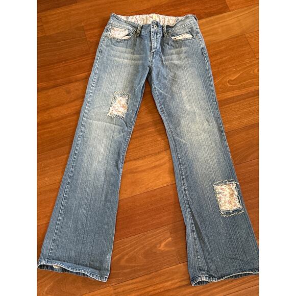 Y2K Anchor Blue Floral Patchwork Wide Leg Jeans - Picture 1 of 8